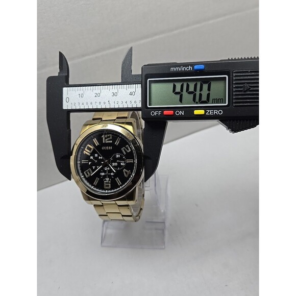 Mens Guess Steel Gold Tone 44mm Day Date Watch 100M Quartz New Battery Classic - Picture 7 of 13